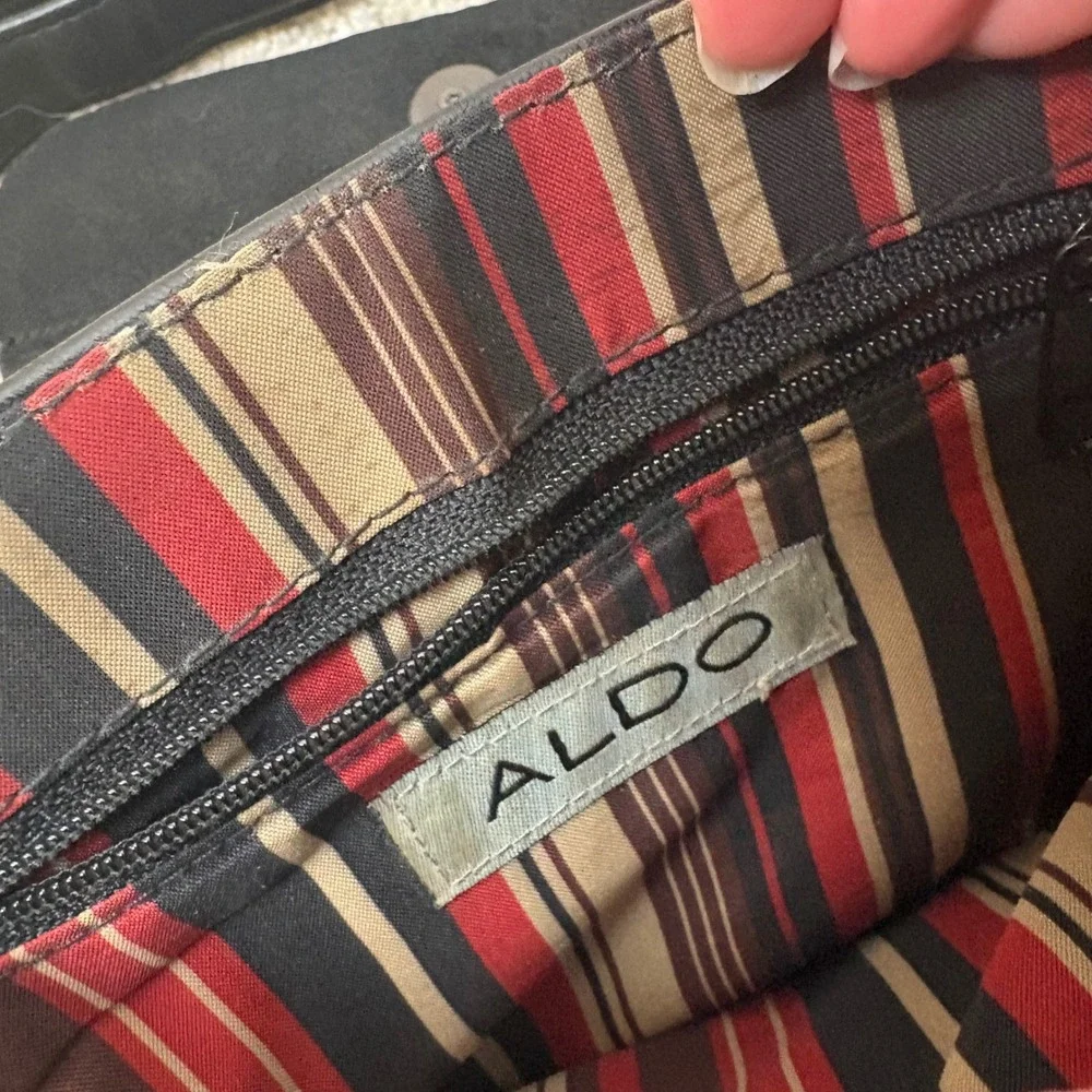 90s Aldo Black Faux Leather Crossbody Bag Messenger Flap‎ Striped Lining Purse
